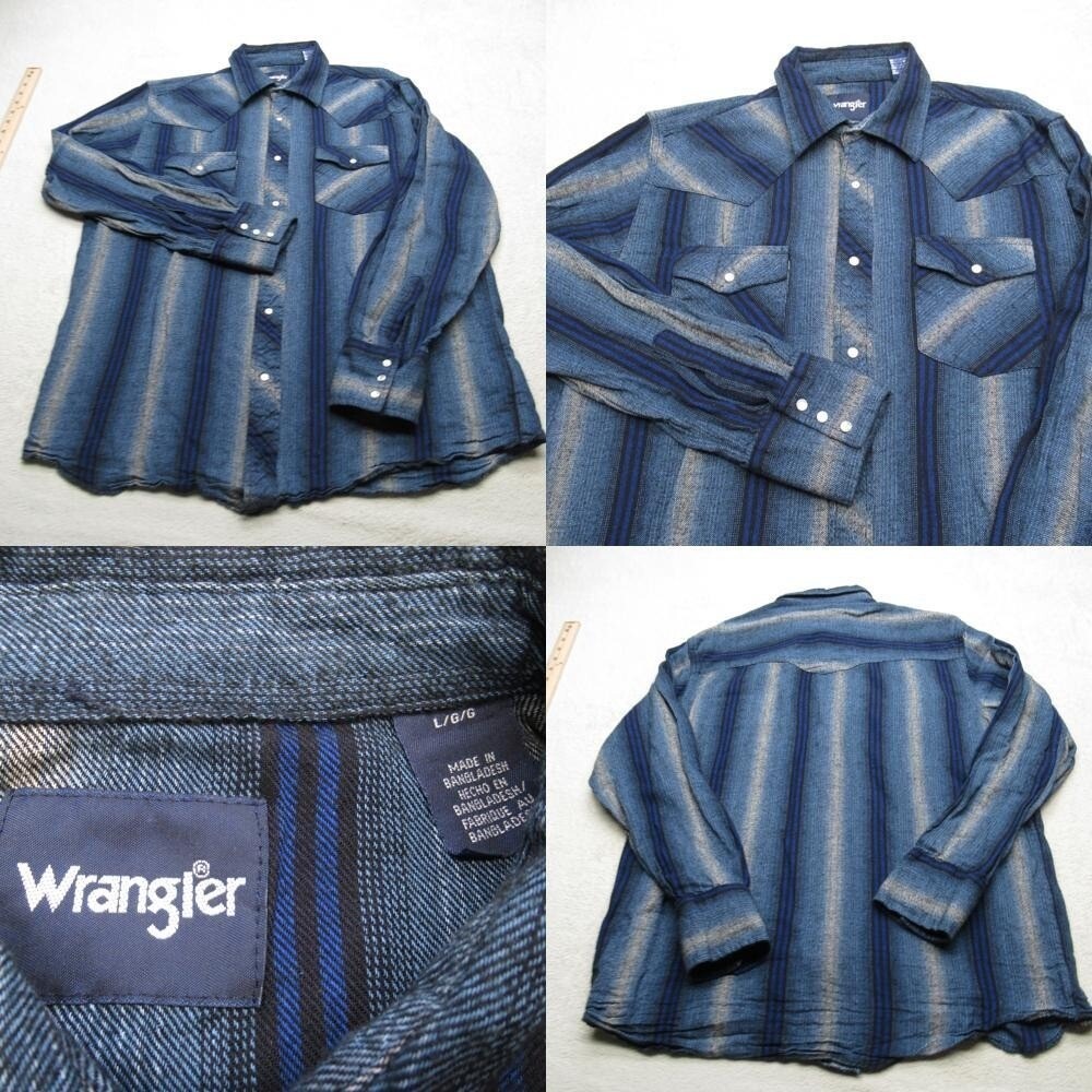 Wrangler Pearl Snap Shirt Men Large Blue Striped Flannel Southwestern Casual VTG